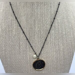 Antique Bronze Gold Chain Choker Necklace with Pearl & “C” Charms Vintage